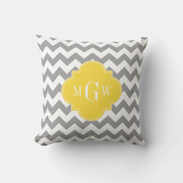 Graue, Zickzack Ananas Quatrefolie 3 Monogramm Kissen (Vorderseite)