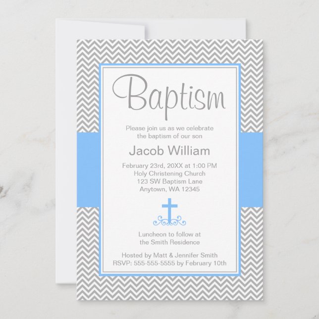 Graue Zickzack Blue Cross Boy Taufe Christening Einladung (Vorderseite)