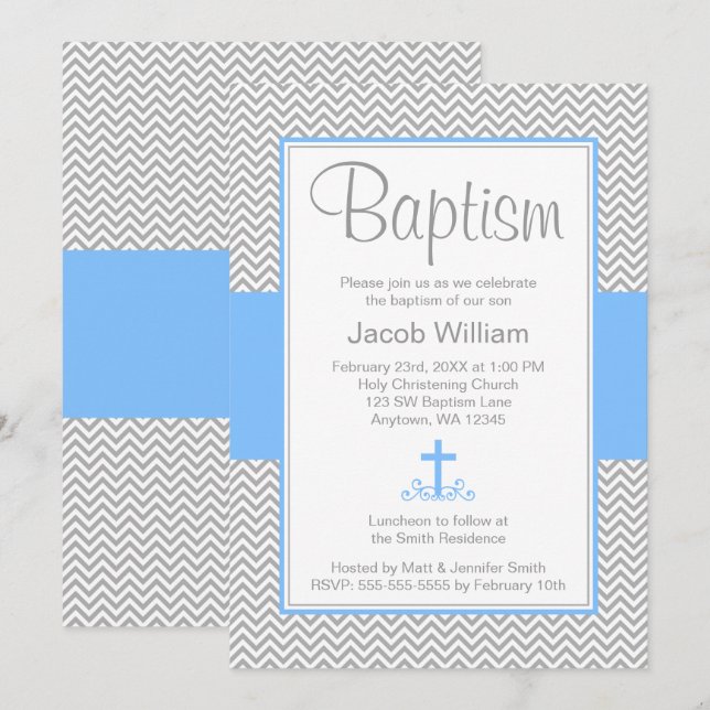 Graue Zickzack Blue Cross Boy Taufe Christening Einladung (Vorne/Hinten)