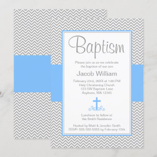 Graue Zickzack Blue Cross Boy Taufe Christening Einladung
