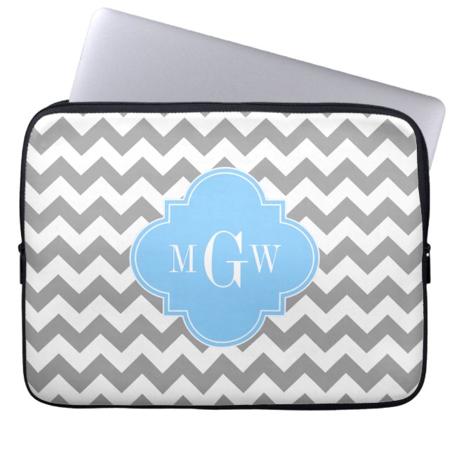 Graue Zickzack Sky Blue Quatrefolie 3 Monogramm Laptopschutzhülle (Vorderseite)