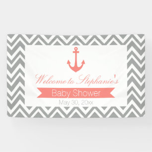 Graue Zickzack und korallrosa Kinderdusche Banner