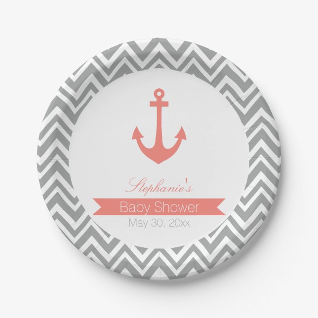 Graue Zickzack und korallrosa Kinderdusche Pappteller (Vorderseite)