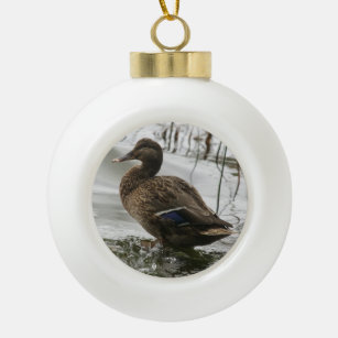 Grauente Ente auf dunklem See Keramik Kugel-Ornament
