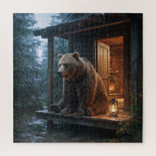 Grauer Bär sitzt auf der Veranda einer gemütlichen
