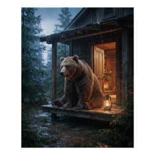 Grauer Bär sitzt auf der Veranda einer gemütlichen Poster
