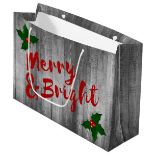 Grauer Barn Wood Planks Merry & Bright Christmas Große Geschenktüte