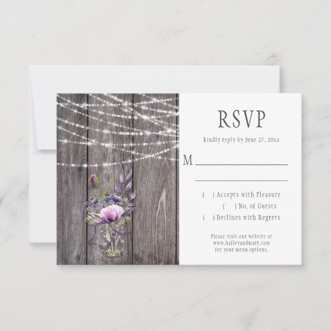 Grauer Barn Wood Violet Lavender Blume Mason Jar RSVP Karte (Vorderseite)