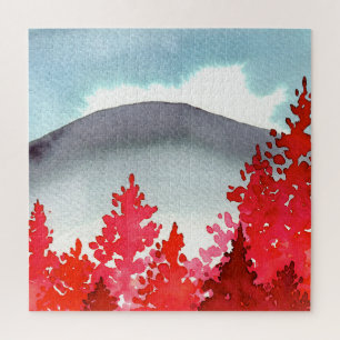 Grauer Berg mit roten Bäumen Wasserfarbenpuzzle