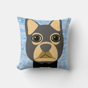 Grauer/brauner Bulldog, Aquarellblau Kissen