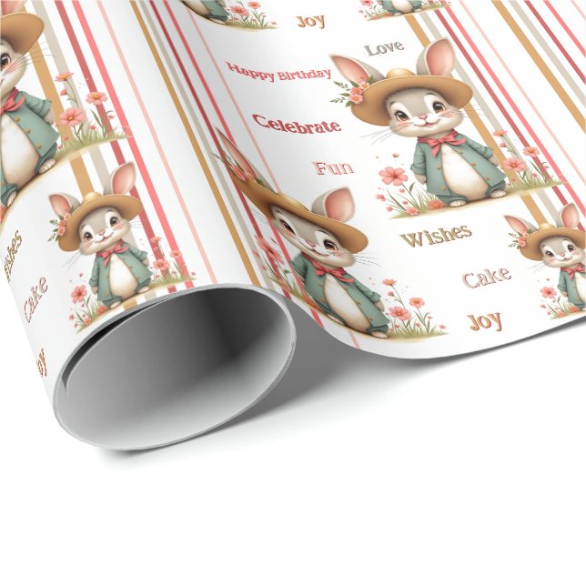 Grauer Bunny mit Blumen und Streifen Geschenkpapier (Rolleneckpunkt)