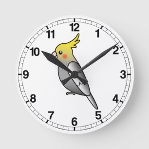 Grauer Cartoon Cockatiel Parrot Bird Runde Wanduhr