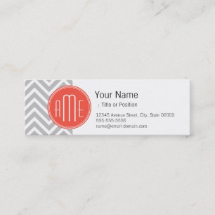 Grauer Chevron und individuelles Korallenmonogramm Mini Visitenkarte