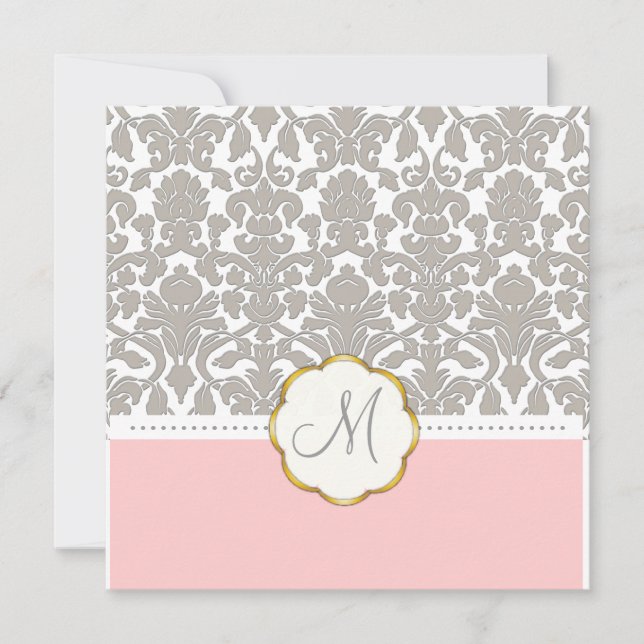 Grauer Damast + Rosa Akzent Hochzeit Einladungen (Vorderseite)
