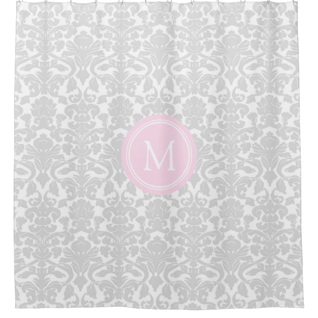 Grauer Damast-Rosa-Monogramm-Duschvorhang Duschvorhang (Vorderseite)