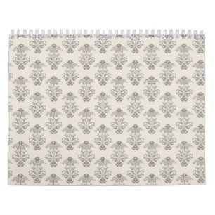 Grauer Damast-Vintager rustikaler Druck Kalender