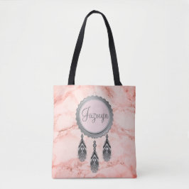 Grauer Dreamcatcher auf rosa Marmor Personalisiert Tasche