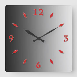 Grauer Farbverlauf, rotes Zifferblatt. Quadratische Wanduhr