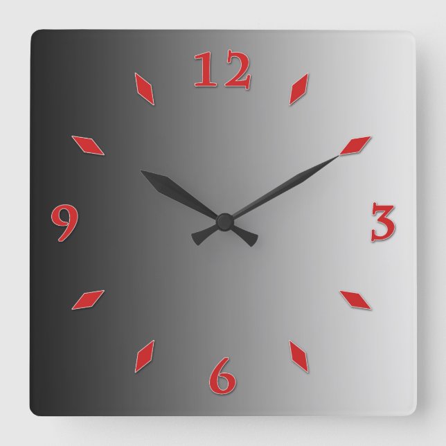 Grauer Farbverlauf, rotes Zifferblatt. Quadratische Wanduhr (Vorderseite)