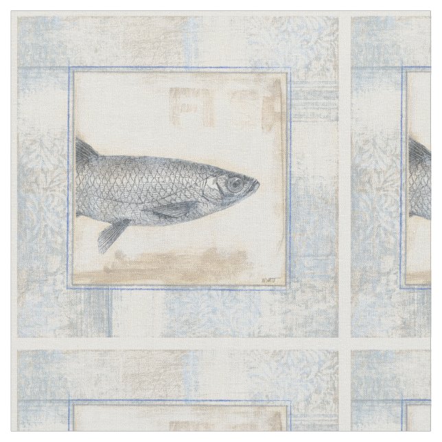 Grauer Fisch auf Beige Hintergrund Stoff (Nahaufnahme)