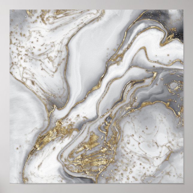 Grauer flüssiger Marmor - Perle und Gold Poster (Vorne)