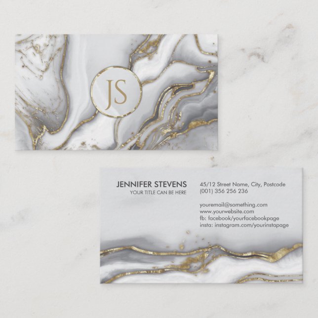 Grauer flüssiger Marmor - Perle und Goldmonogramm Visitenkarte (Vorne/Hinten)