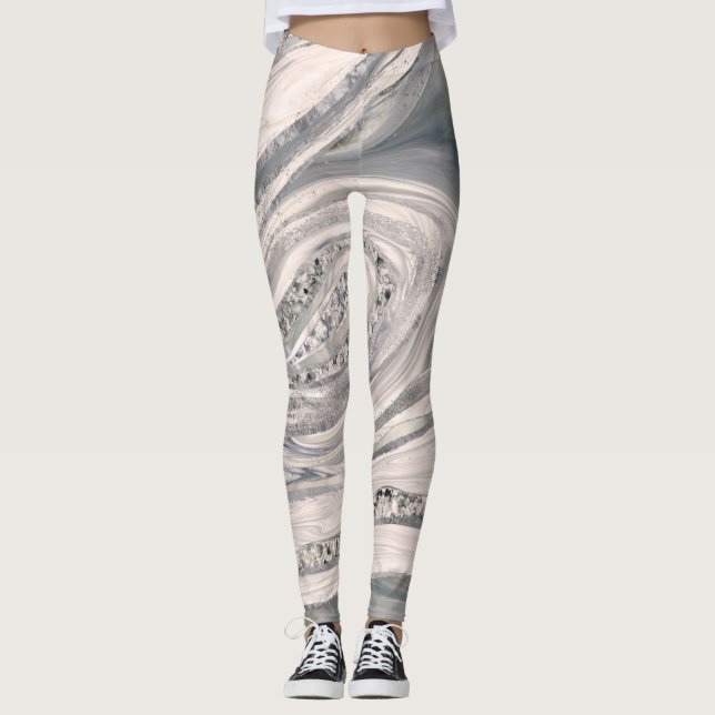 Grauer flüssiger Marmor und Kristall - Perle und S Leggings (Vorderseite)