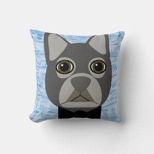Grauer französischer Bulldog, Aquarellblau Kissen