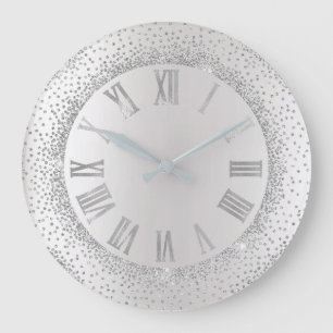 Grauer Glitzer-graue silberne römische Zahlen Große Wanduhr