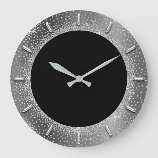 Grauer Glitzer Silver Gray Black Metal Gray Elegan Große Wanduhr (Vorderseite)