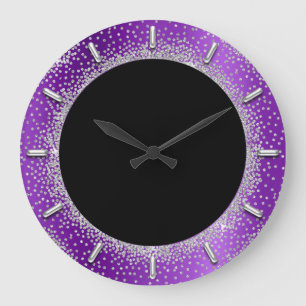 Grauer Glitzer Silver Gray Black Metal Lila Violet Große Wanduhr