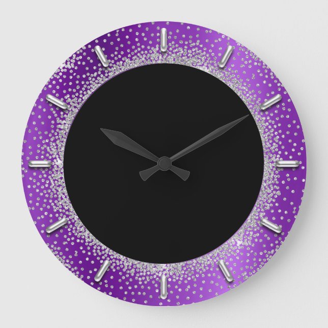 Grauer Glitzer Silver Gray Black Metal Lila Violet Große Wanduhr (Vorderseite)