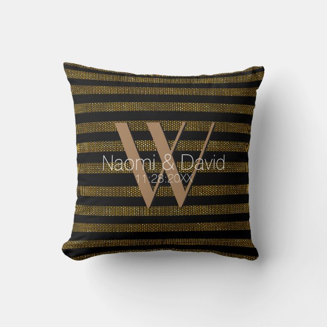 Grauer Glitzer und schwarze Streifen Monogramm Kissen (Vorderseite)