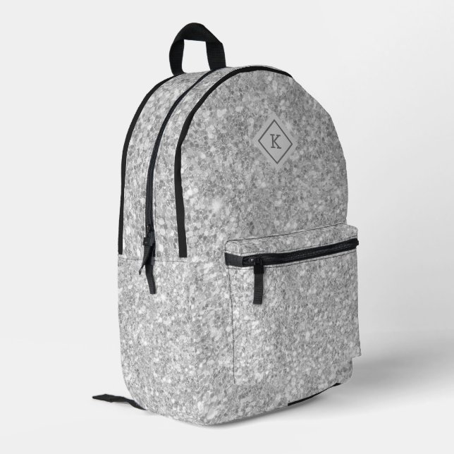 Grauer Glitzer, weiße Glitzern Glitzer Textur Bedruckter Rucksack (Rückseitige Ecke links)