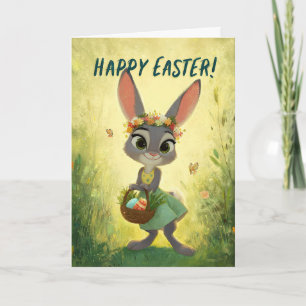 Grauer Hase mit Blumenkrone und Osterkorb Karte