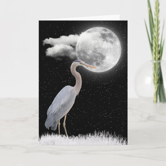 Grauer Heron mit Vollmond Geburtstag Karte (Vorderseite)
