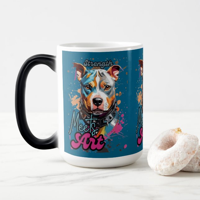 Grauer Hintergrund farbenfrohe Hunde Kunst Verwandlungstasse (Mit Donut)