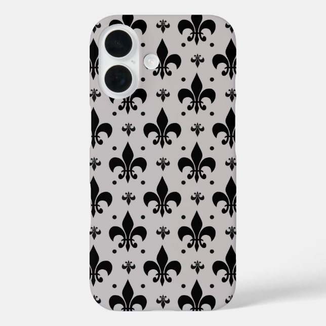 Grauer Hintergrund Fleur-de-lis-Muster iPhone 16 Hülle (Rückseite)