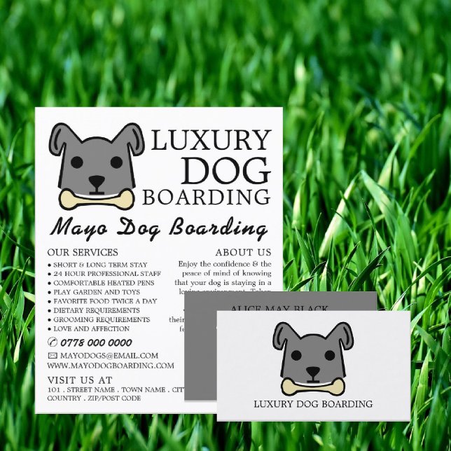 Grauer Hund mit Knochen, Hunde Boarding, Werbung Flyer (Von Creator hochgeladen)