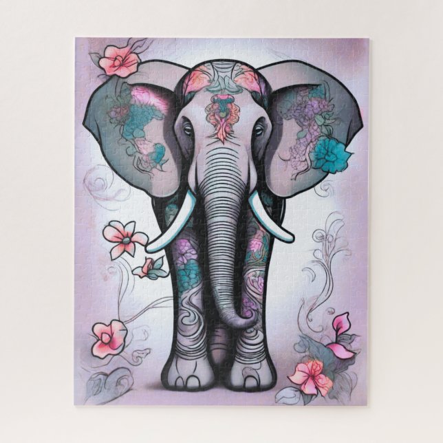 Grauer indischer Elefant mit Blume verziert (Vertikal)
