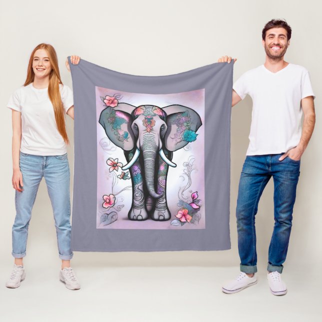 Grauer indischer Elefant mit Blume verziert Fleecedecke (Beispiel)