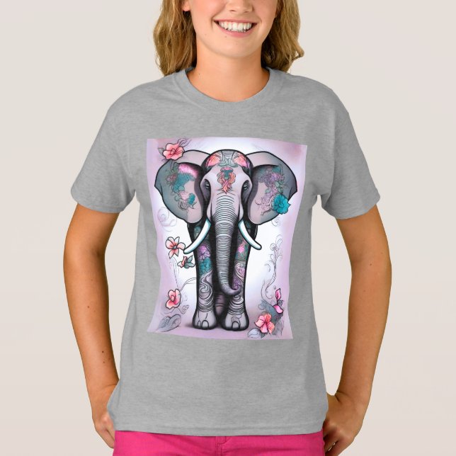 Grauer indischer Elefant mit Blume verziert T-Shirt (Vorderseite)