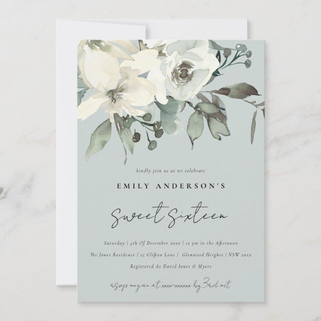 GRAUER IVORY WHITE FLORAL BUNCH SWEET 16 GEBURTSTA EINLADUNG (Vorderseite)