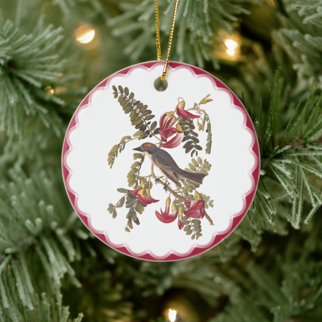 Grauer Kingbird in rosa blühender Hummingvogelbaum Keramik Ornament (Baum)