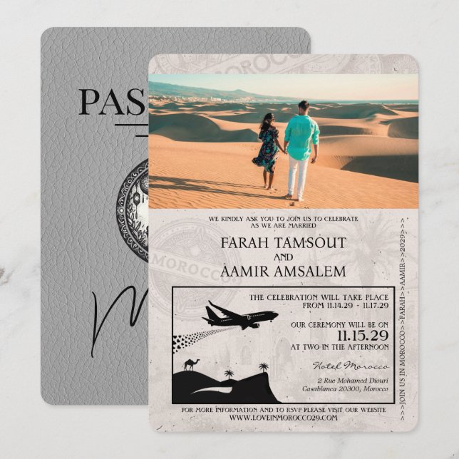 Grauer Marokko Pass Einladung Hochzeit (Vorne/Hinten)