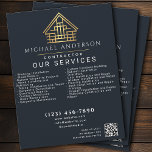 Grauer Minimal Zuhause Gebäude Construction QR Cod Flyer<br><div class="desc">Ein einfacher und minimalistischer Business Flyer beinhaltet Ihren Namen, Ihren Titel, die Services und einen QR Code. Diese luxuriösen, ästhetischen Business-Flyer sind ein aufmerksames und modernes Design und präsentieren ein edles High-End-Ambiente. Ideal für private oder kommerzielle Auftragnehmer verschiedener Bereiche. Die Vorderseite der Imitate ist mit weißen Textfarben und einer goldenen...</div>