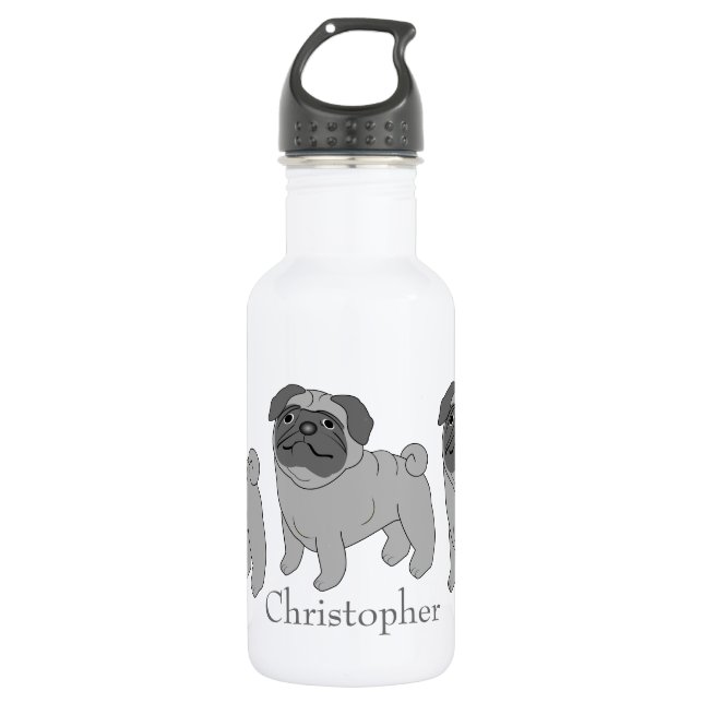 Grauer Mops Dog Design Personalisiert Edelstahlflasche (Vorderseite)