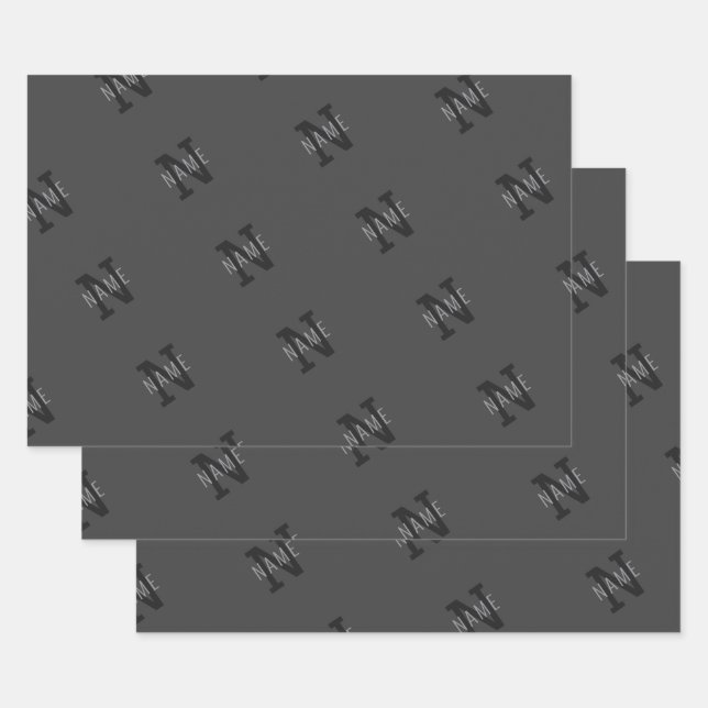 Grauer Name und Monogramm Muster Geschenkpapier Set (Set)