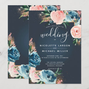 Grauer, Navy Blue und Blush Floral Gold Glitzer Einladung