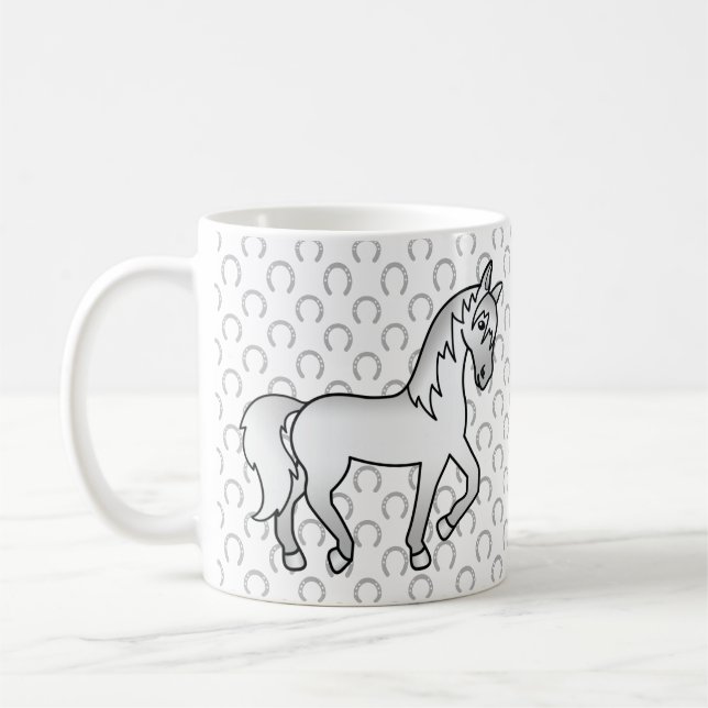 Grauer Niedlicher Cartoon Trotting Horse Kaffeetasse (Links)